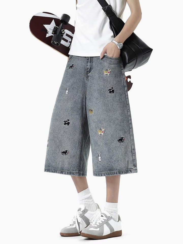 Men Animal Printed Baggy Mid-Rise Denim Shorts