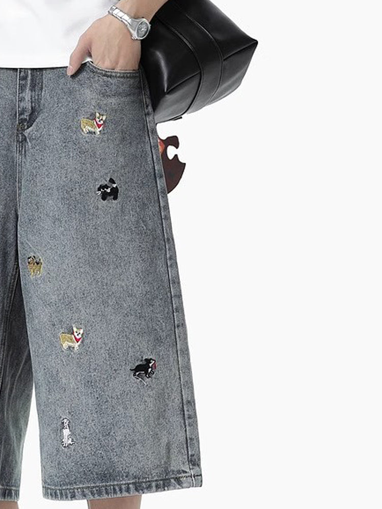 Men Animal Printed Baggy Mid-Rise Denim Shorts