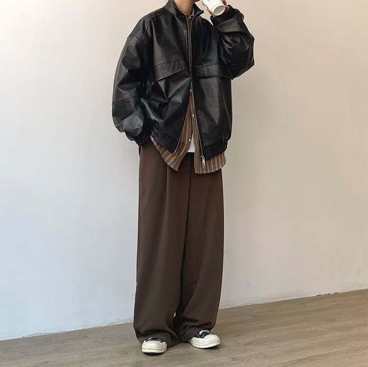 Men Loose Fit Pleated Parallel Trousers