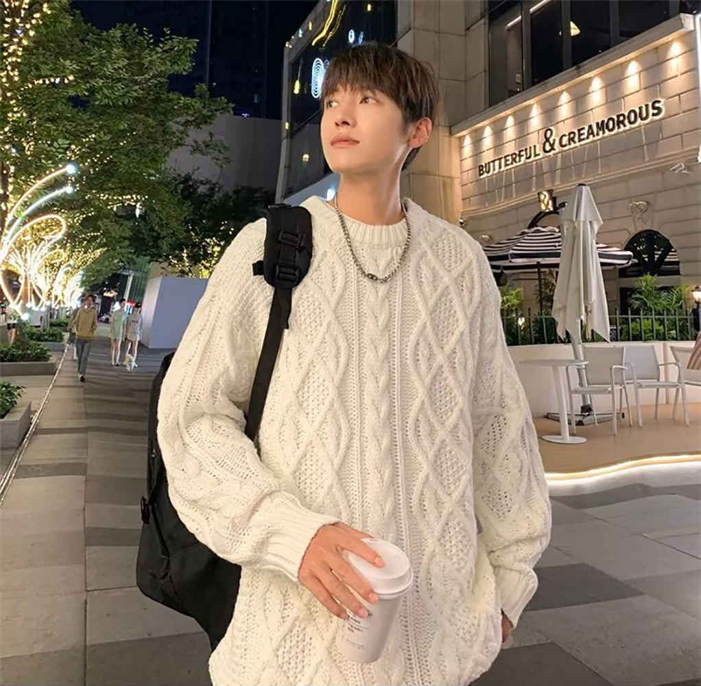 Men Cable Knit Longline Pullover