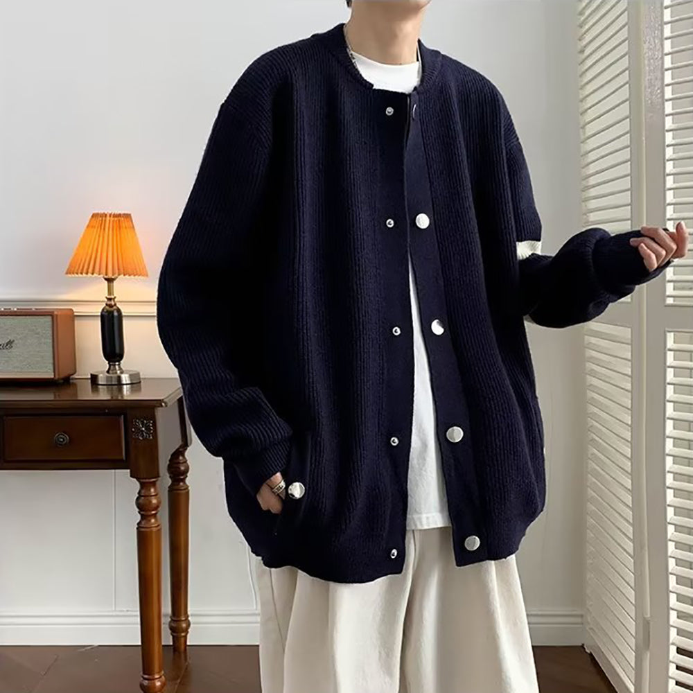 Men Front-Open Round Neck Solid Casual Sweaters