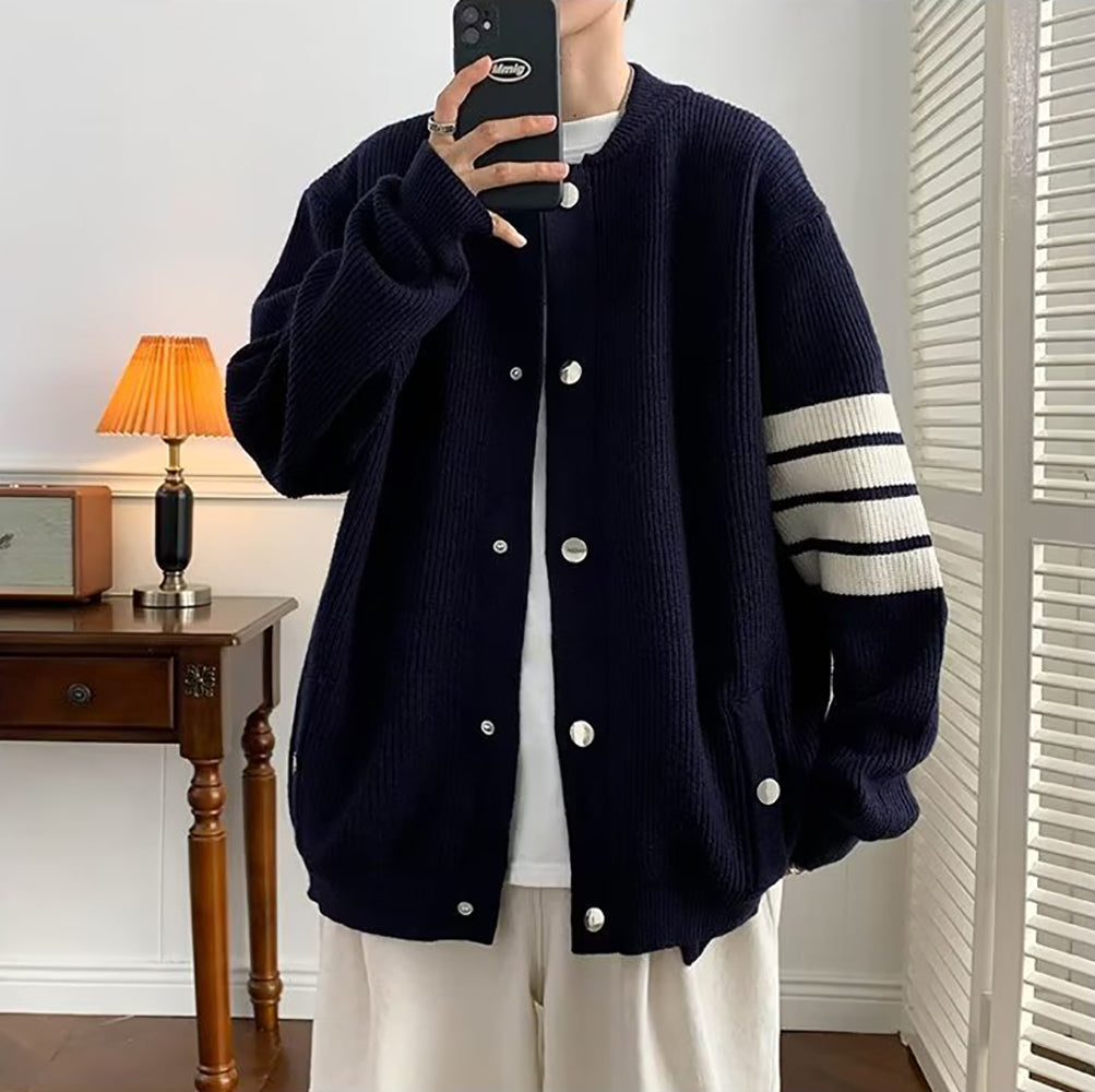 Men Front-Open Round Neck Solid Casual Sweaters