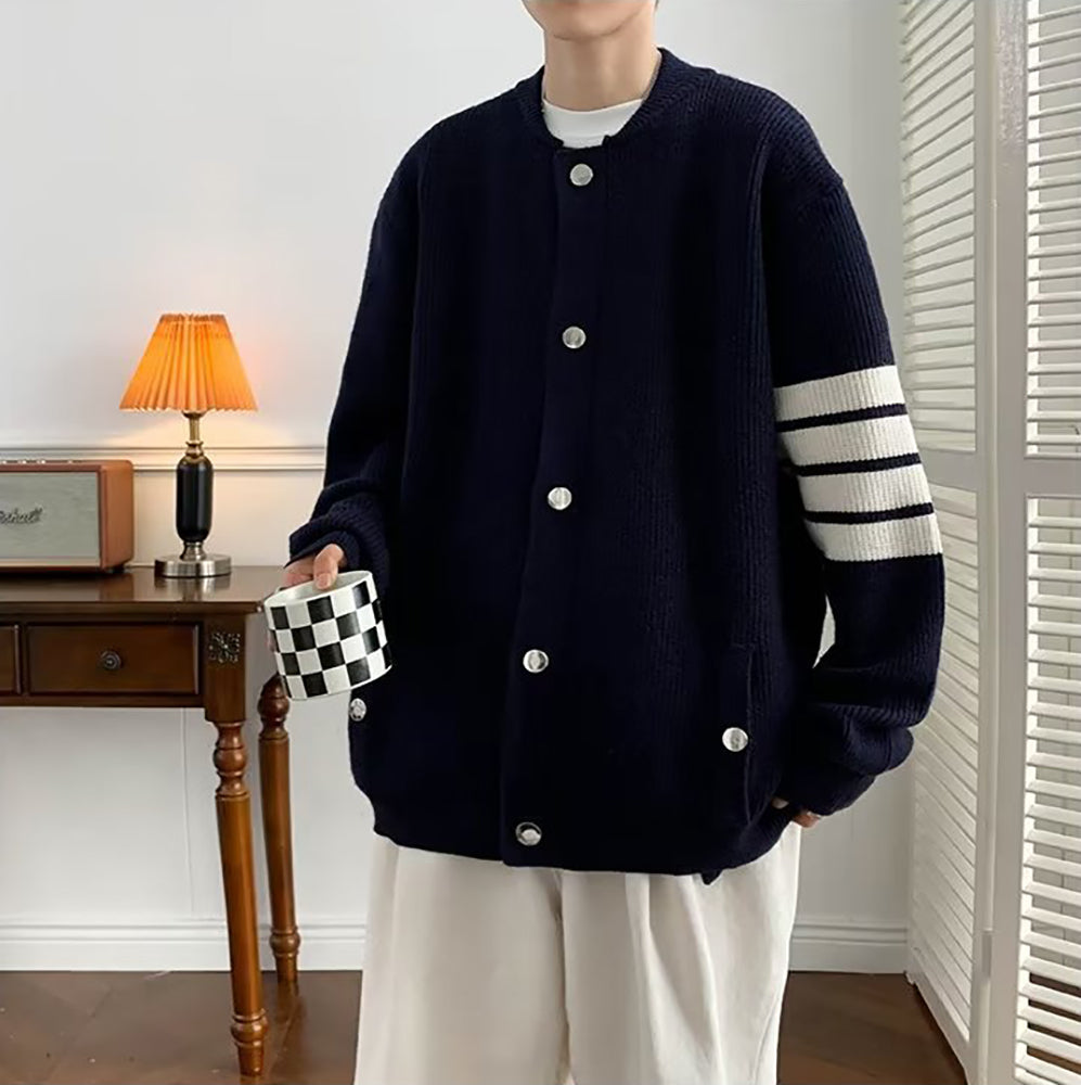 Men Front-Open Round Neck Solid Casual Sweaters