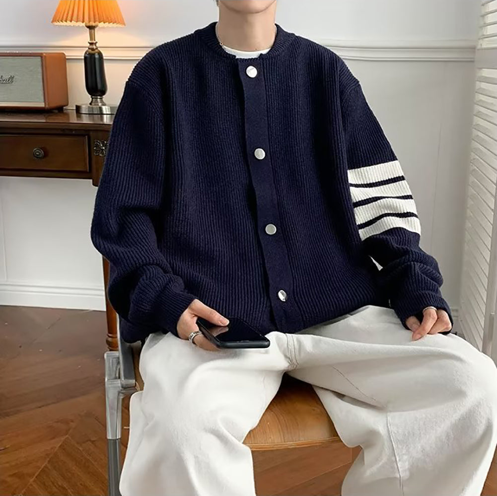 Men Front-Open Round Neck Solid Casual Sweaters