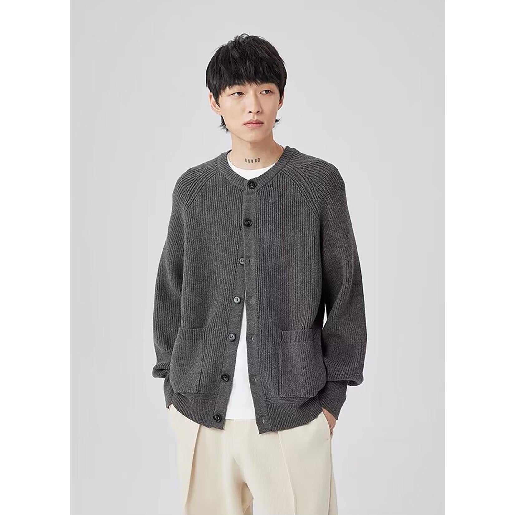 Men Ribbed Self Design Henley Neck Cardigan Ribbed Sweater