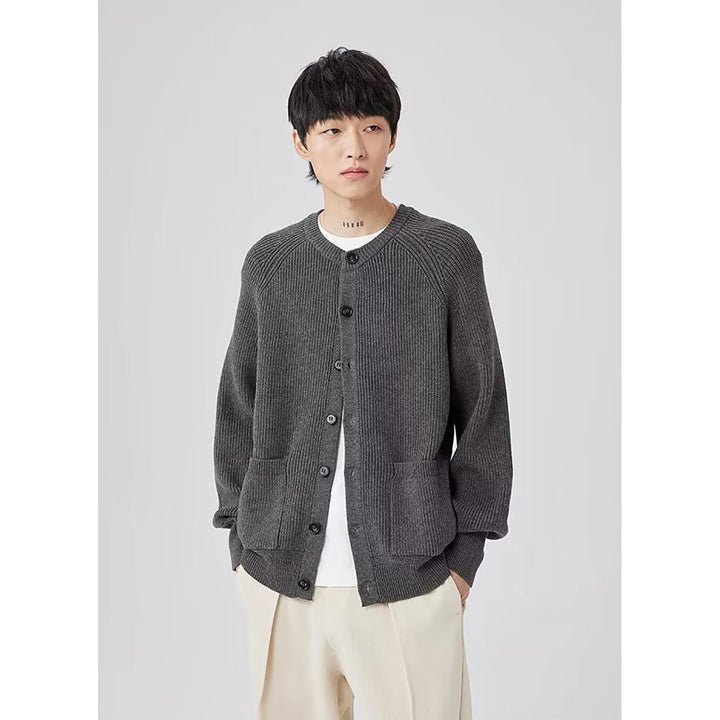 Men Ribbed Self Design Henley Neck Cardigan Ribbed Sweater