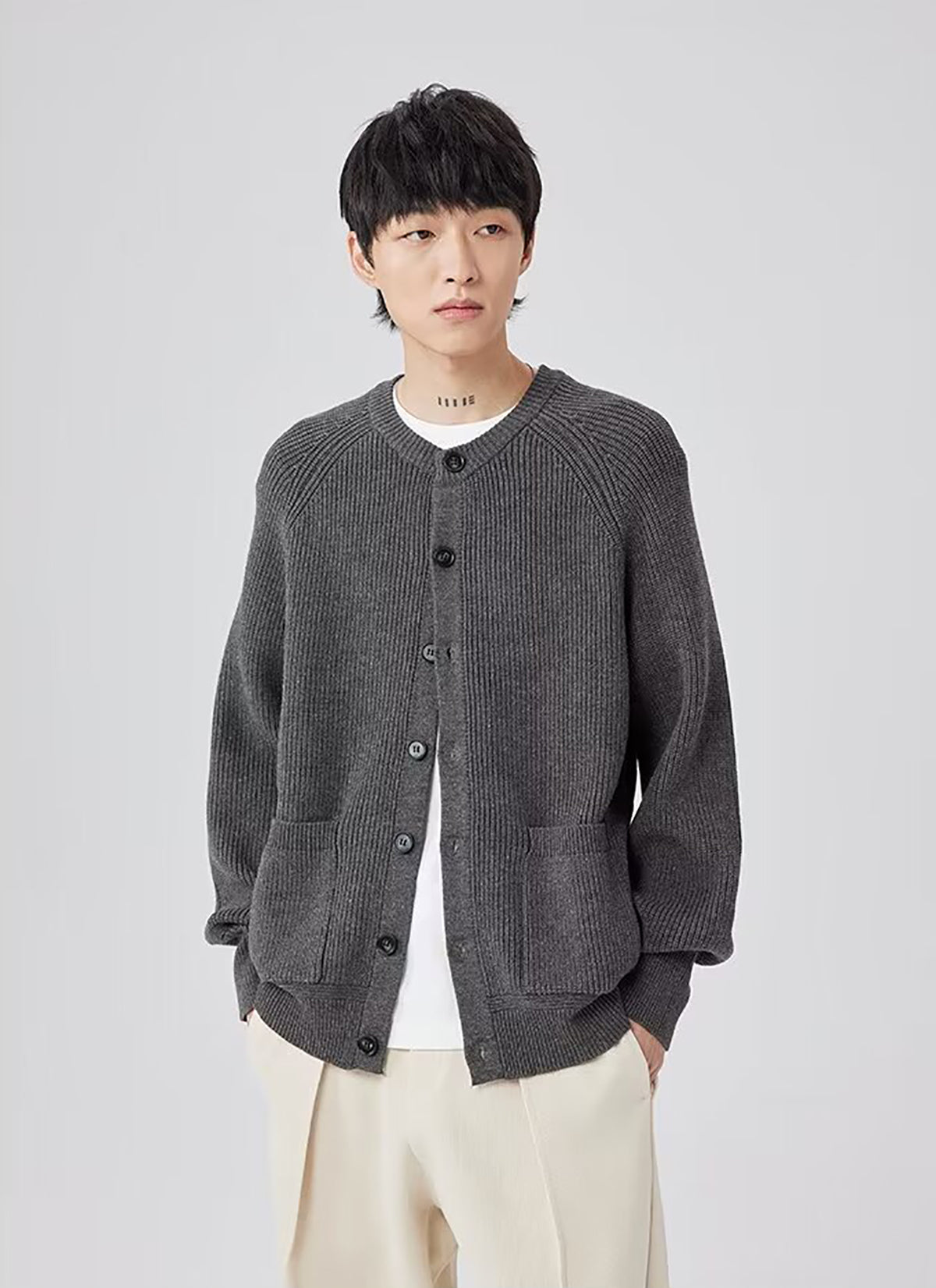 Men Ribbed Self Design Henley Neck Cardigan Ribbed Sweater