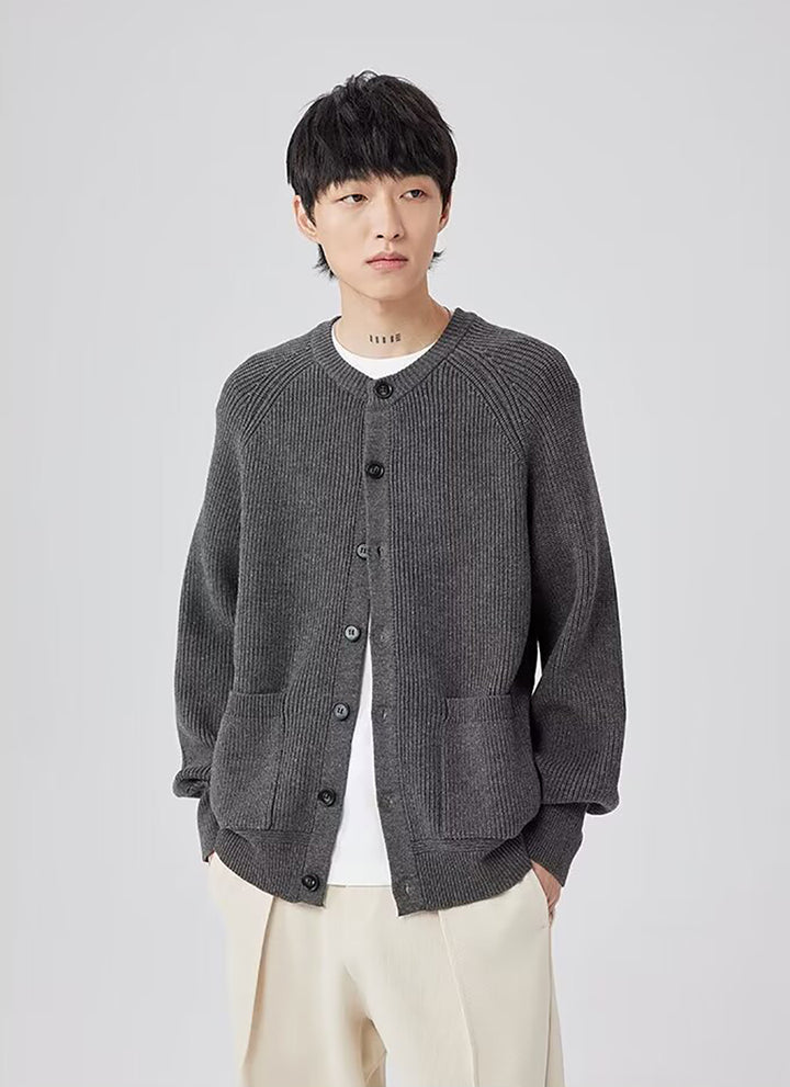 Men Ribbed Self Design Henley Neck Cardigan Ribbed Sweater