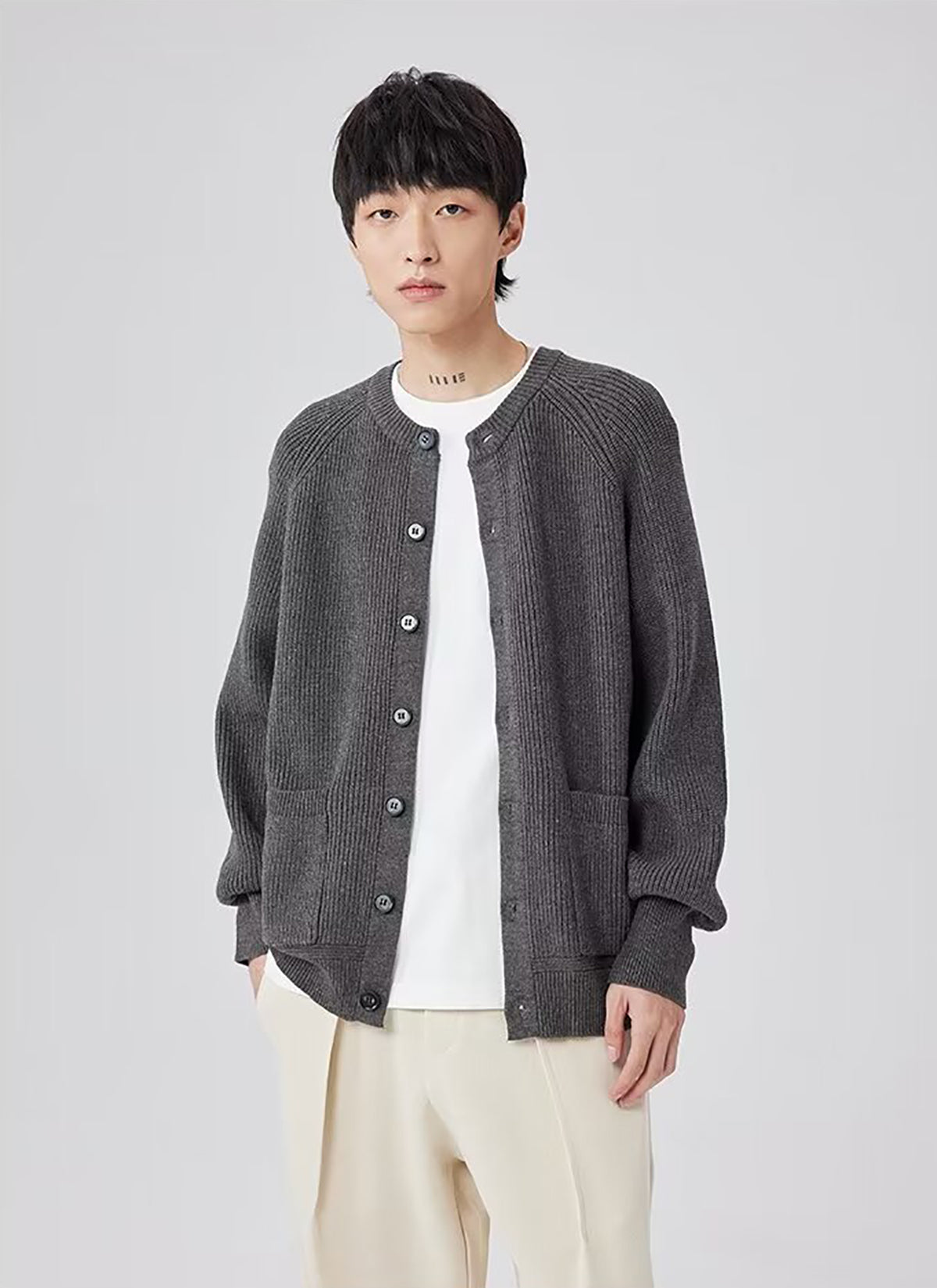 Men Ribbed Self Design Henley Neck Cardigan Ribbed Sweater