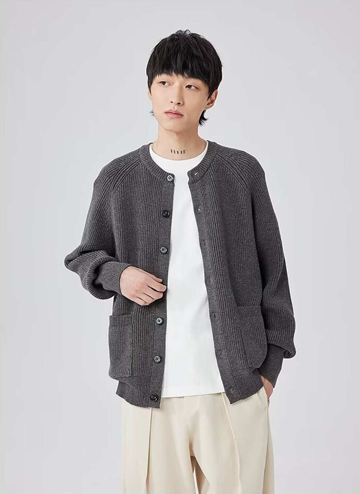 Men Ribbed Self Design Henley Neck Cardigan Ribbed Sweater