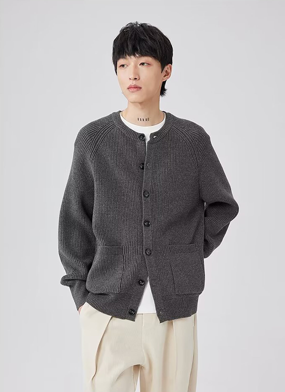 Men Ribbed Self Design Henley Neck Cardigan Ribbed Sweater