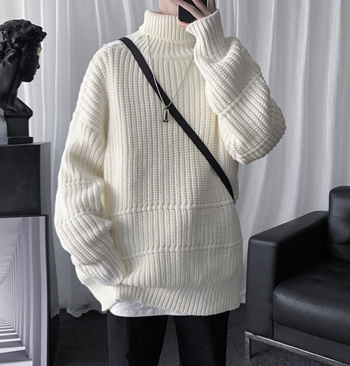Men Ribbed Self Design Turtle Neck Pullover Ribbed Sweater