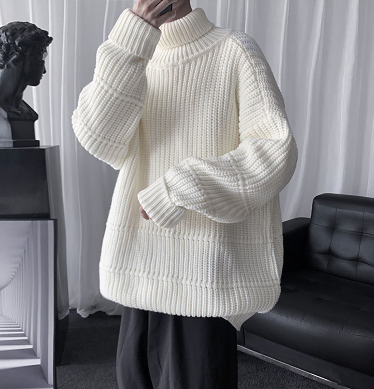 Men Ribbed Self Design Turtle Neck Pullover Ribbed Sweater