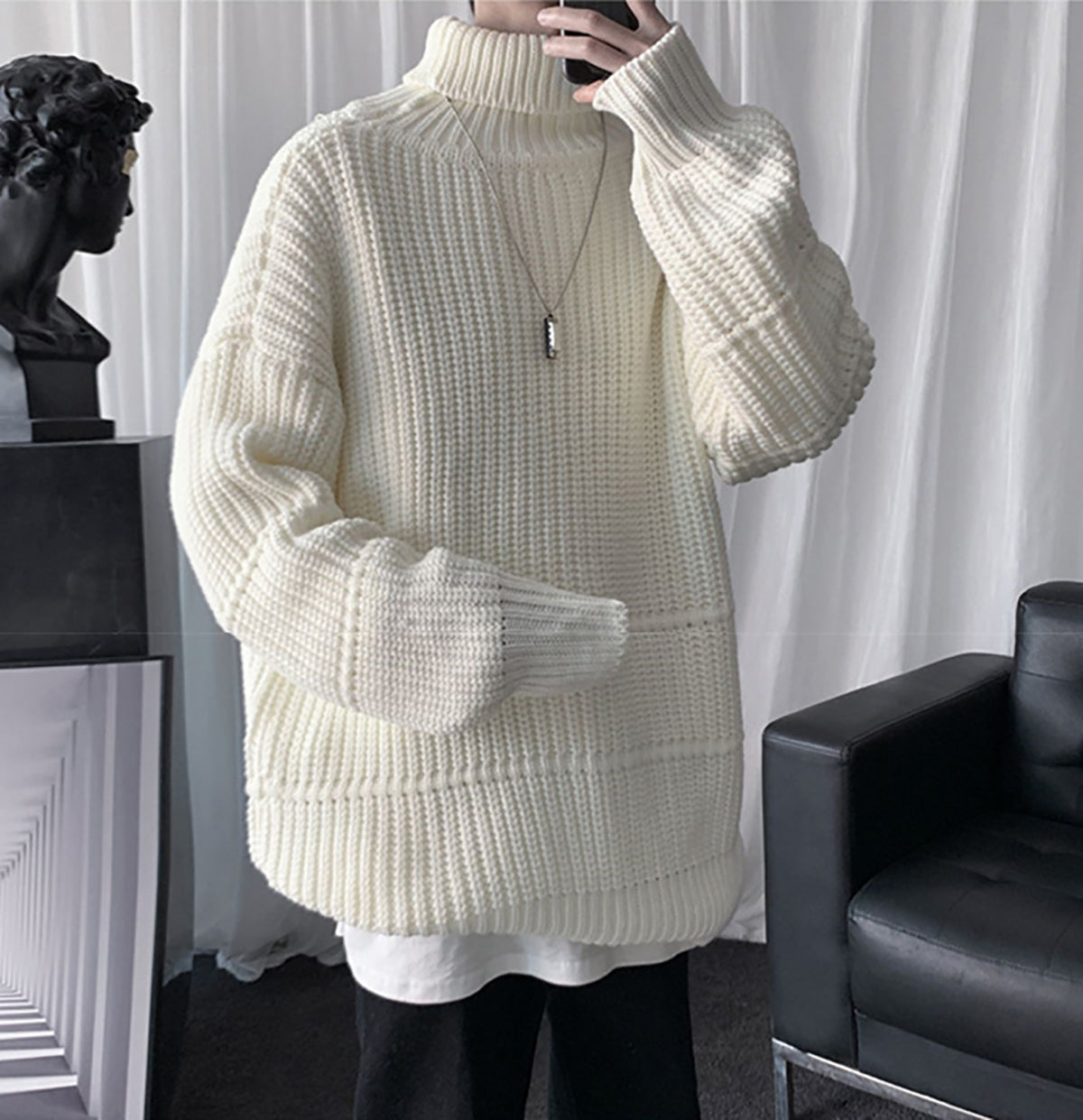 Men Ribbed Self Design Turtle Neck Pullover Ribbed Sweater