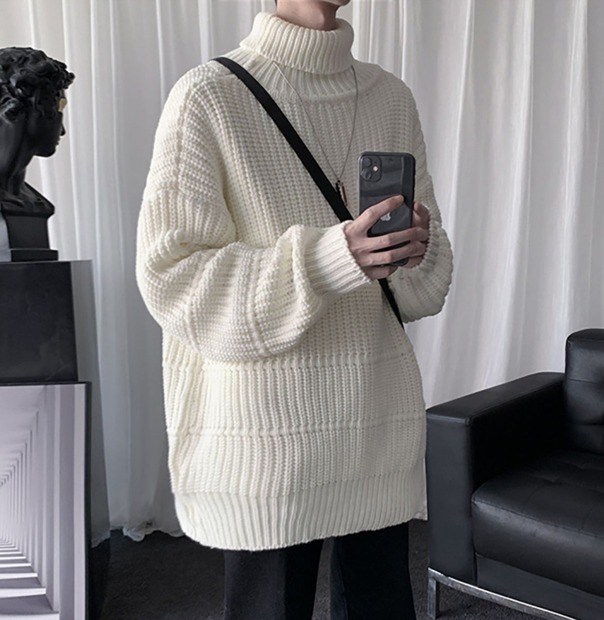 Men Ribbed Self Design Turtle Neck Pullover Ribbed Sweater
