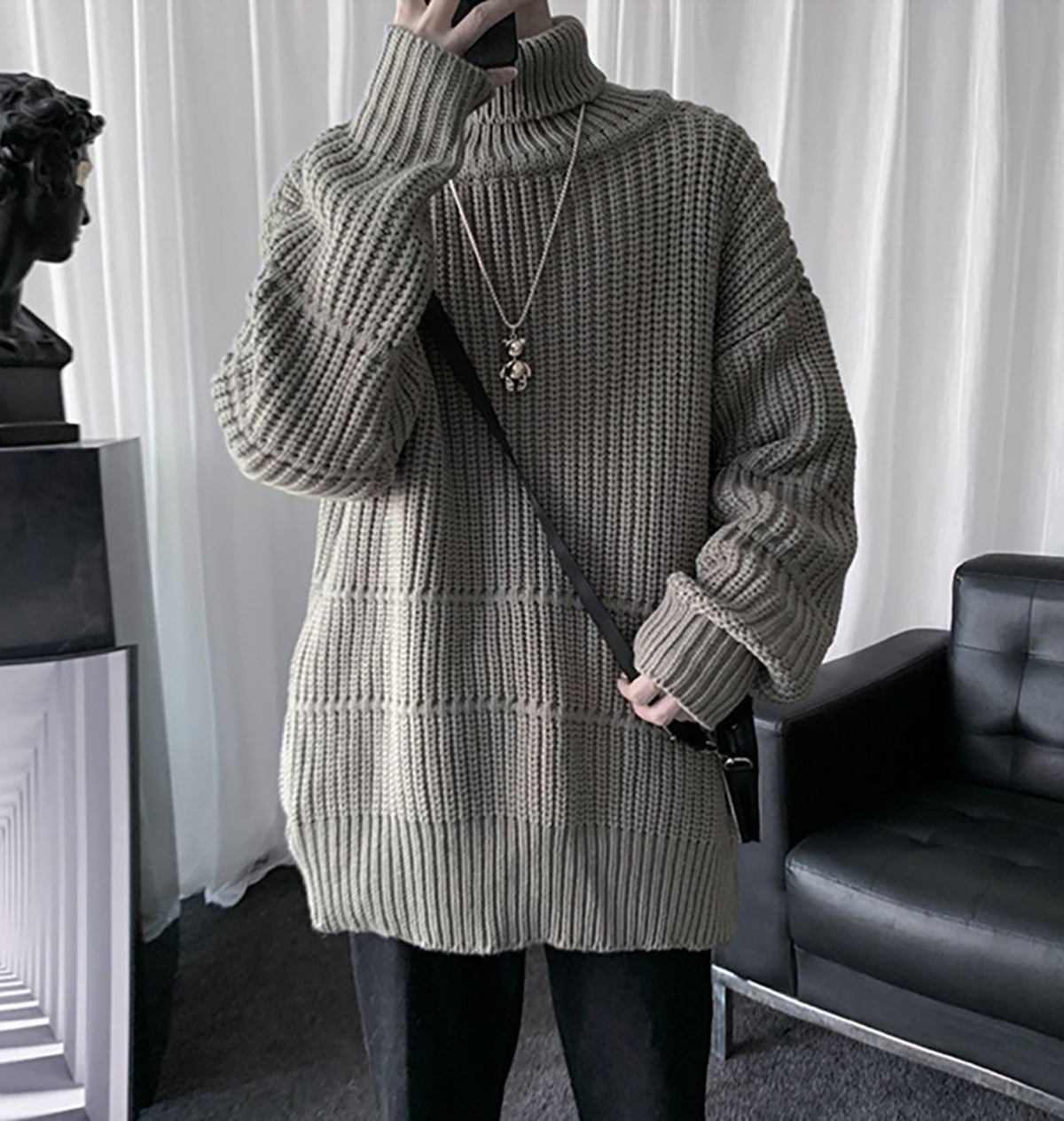 Men Ribbed Self Design Turtle Neck Pullover Ribbed Sweater