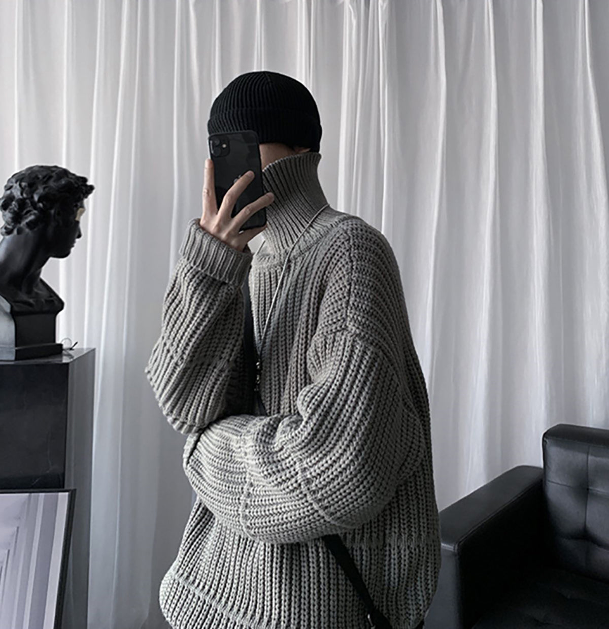 Men Ribbed Self Design Turtle Neck Pullover Ribbed Sweater