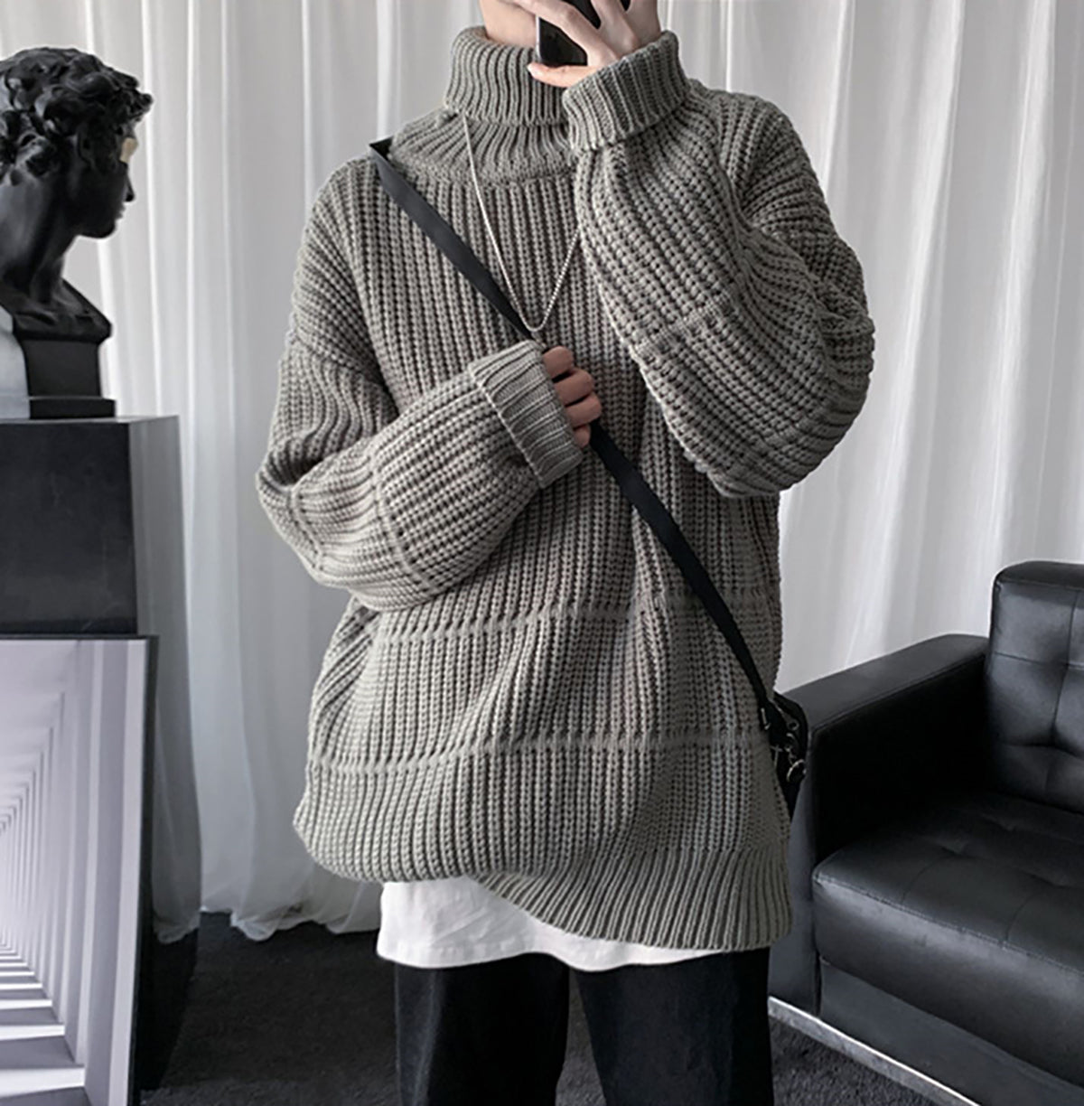 Men Ribbed Self Design Turtle Neck Pullover Ribbed Sweater
