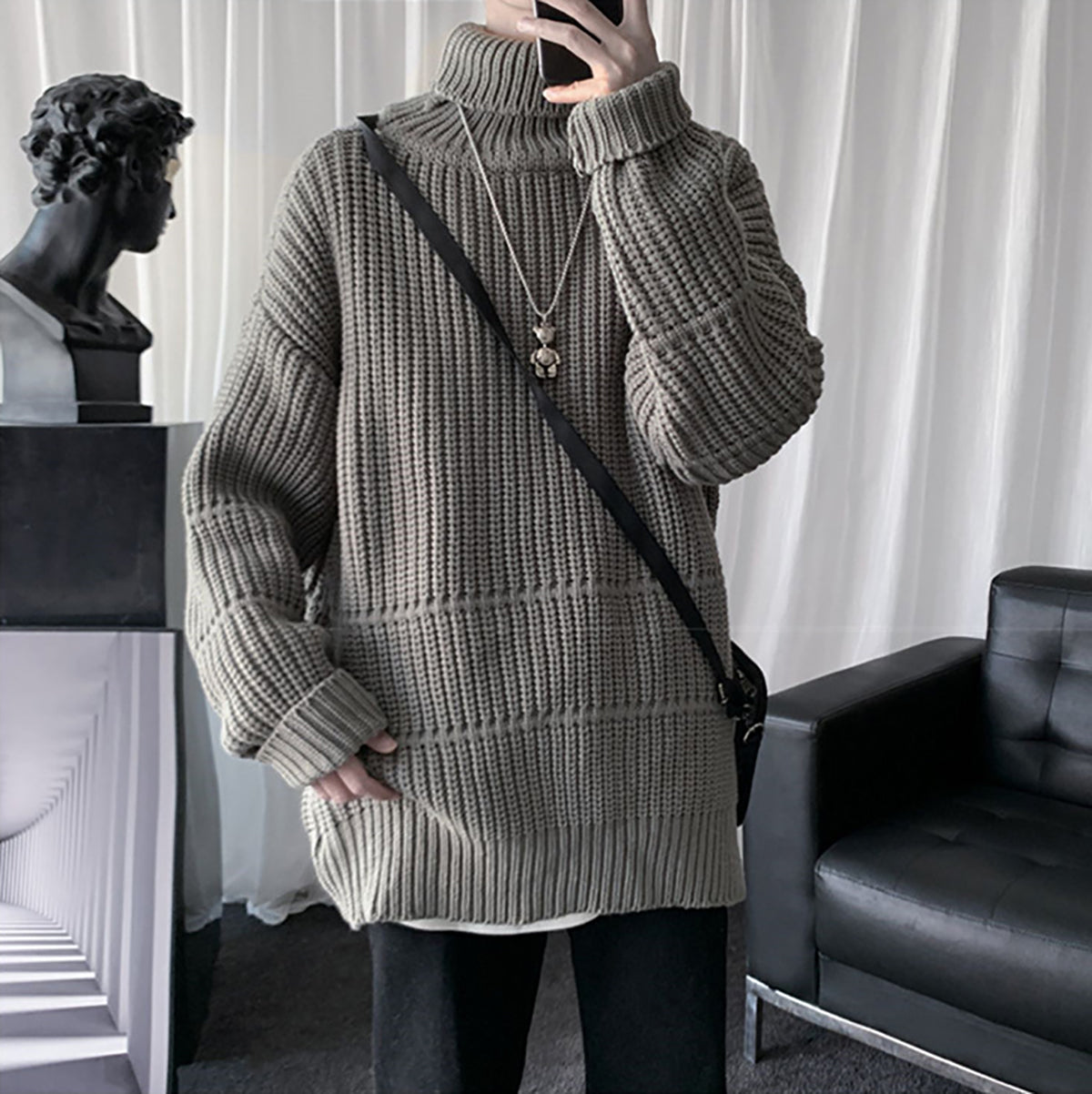 Men Ribbed Self Design Turtle Neck Pullover Ribbed Sweater