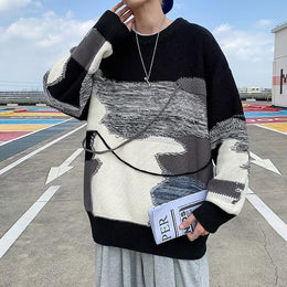 Men Abstract Printed Round Neck Pullover Ribbed Sweater