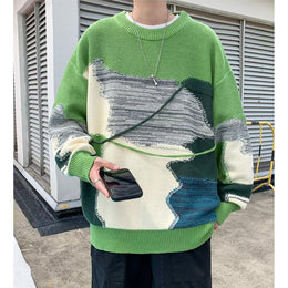 Men Abstract Printed Round Neck Pullover Ribbed Sweater