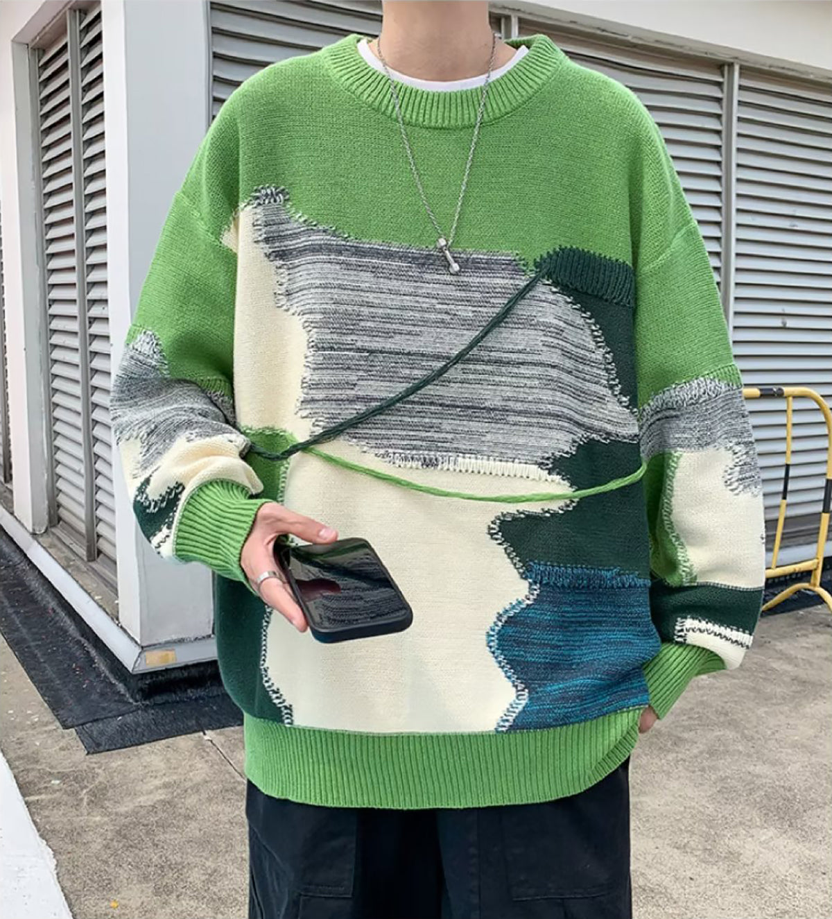 Men Abstract Printed Round Neck Pullover Ribbed Sweater
