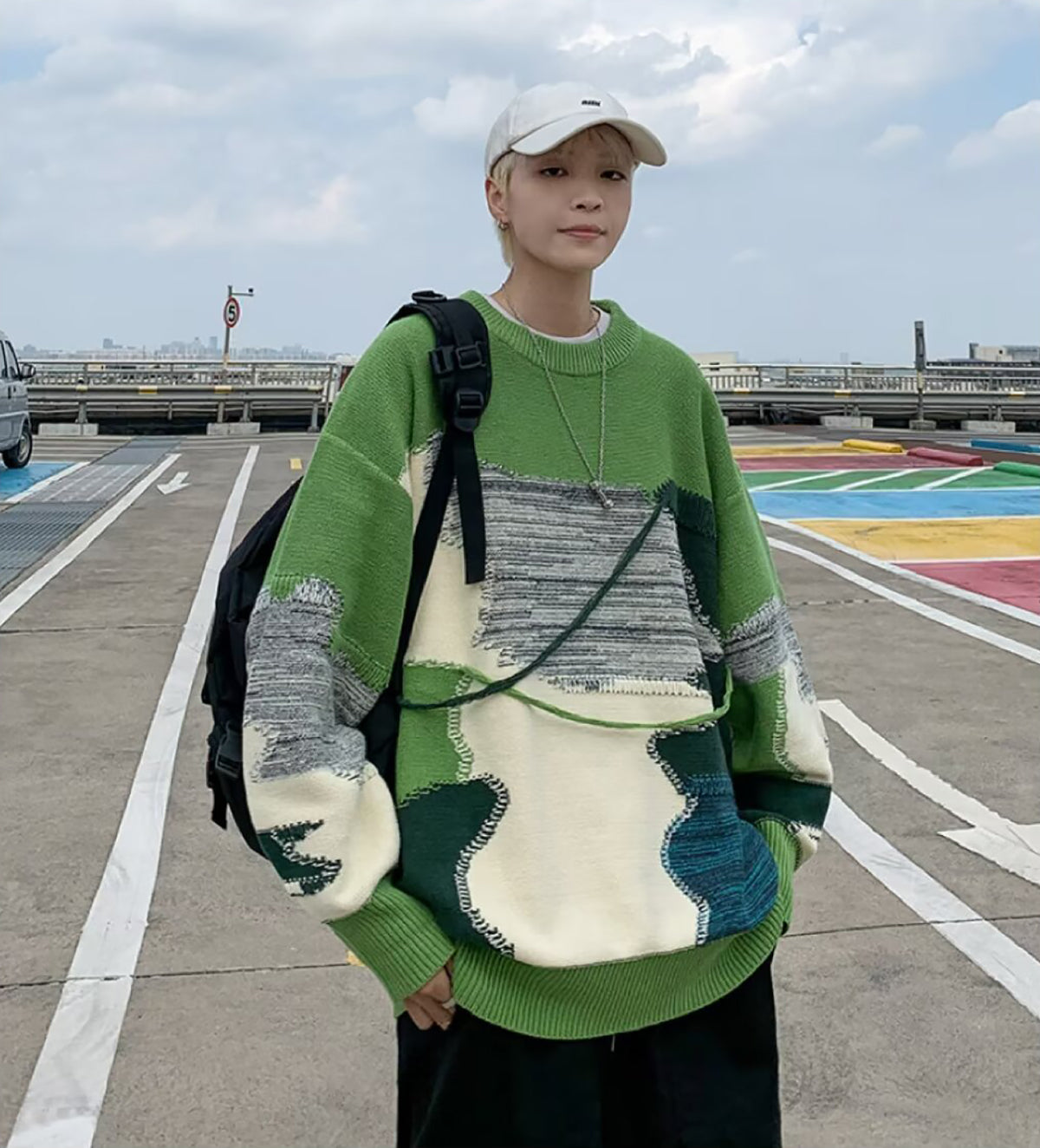 Men Abstract Printed Round Neck Pullover Ribbed Sweater