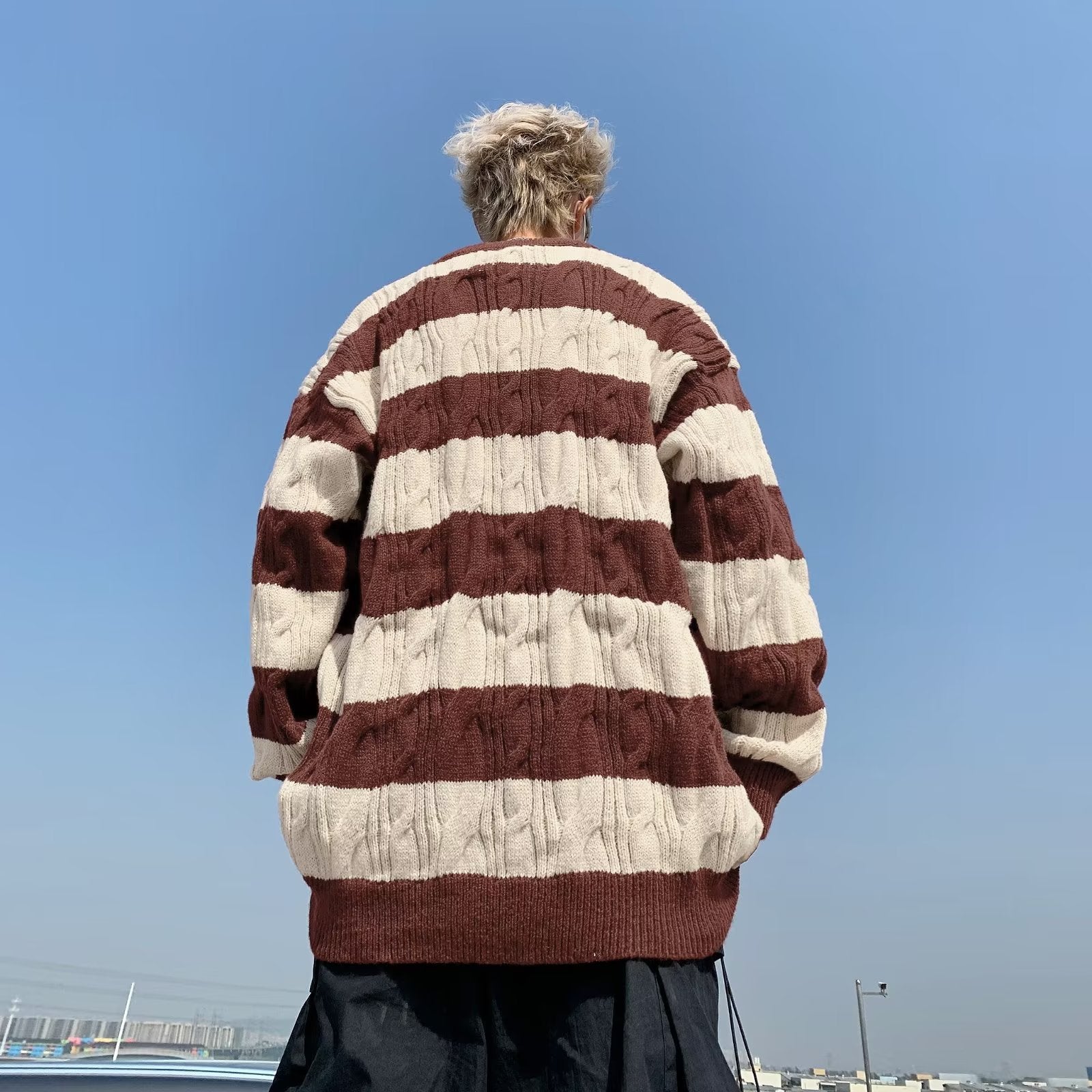 Men Cable Knit Round Neck Pullover Ribbed Sweater