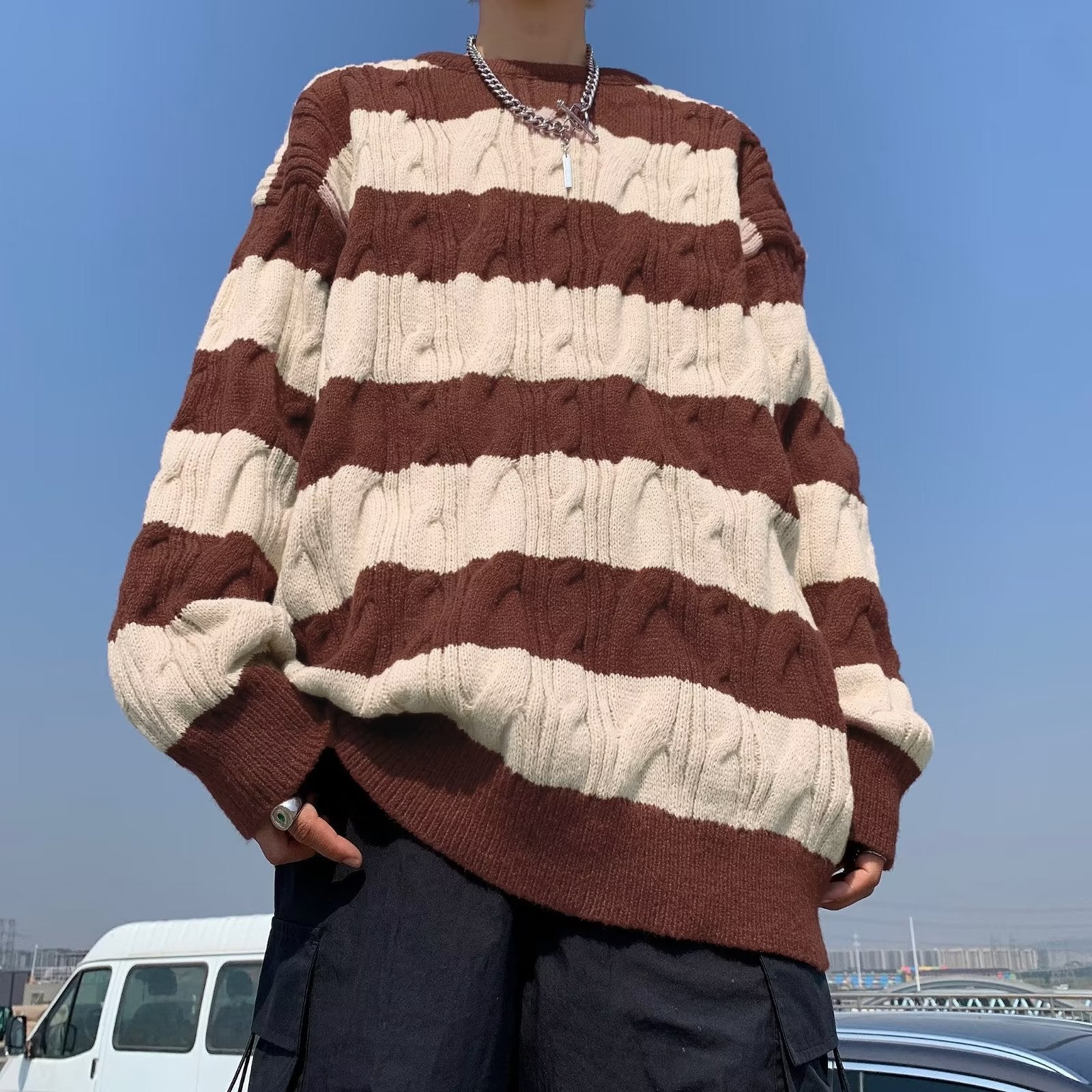Men Cable Knit Round Neck Pullover Ribbed Sweater