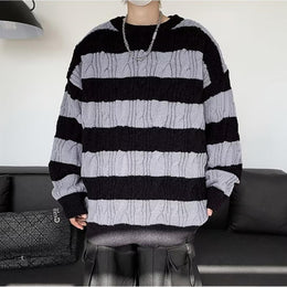 Men Cable Knit Round Neck Pullover Ribbed Sweater