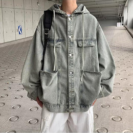 Men Hooded Washed Self Design Casual Denim Jacket