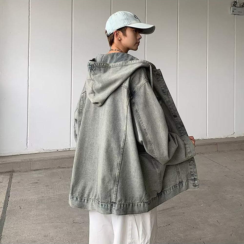 Men Hooded Washed Self Design Casual Denim Jacket