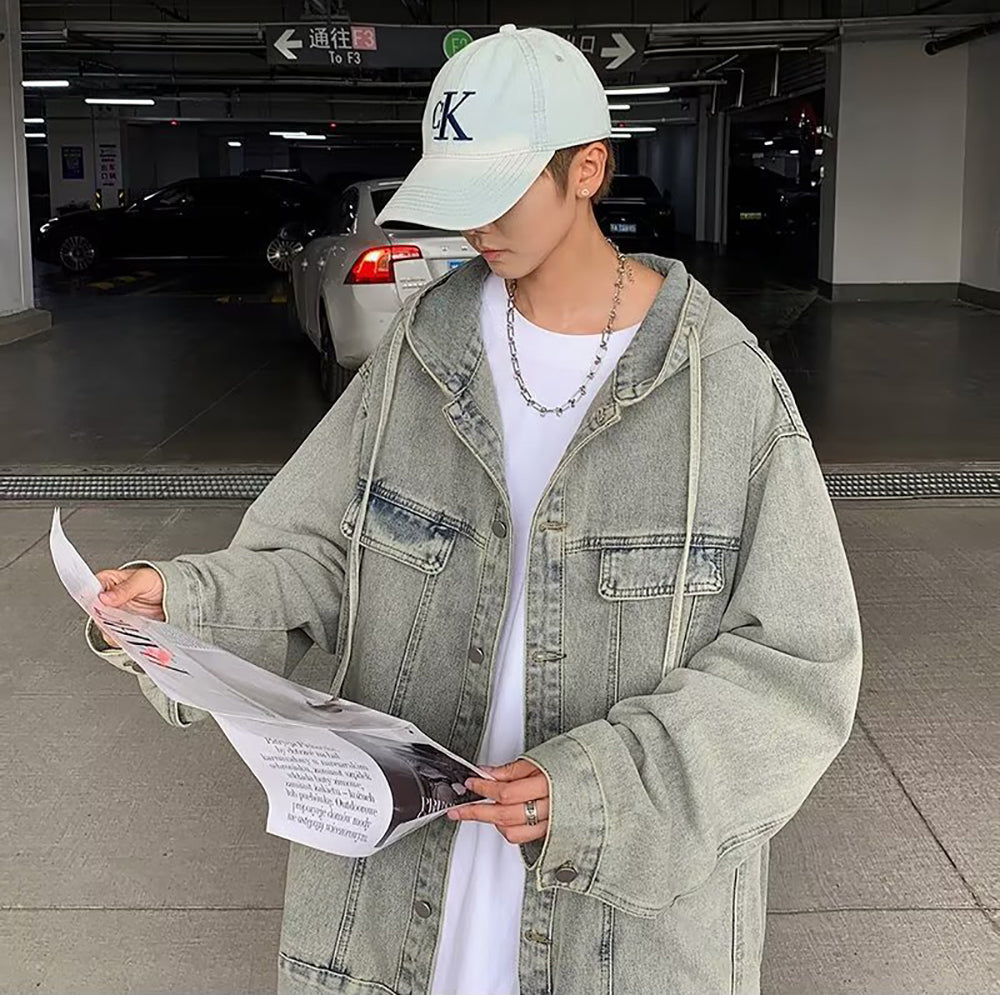 Men Hooded Washed Self Design Casual Denim Jacket