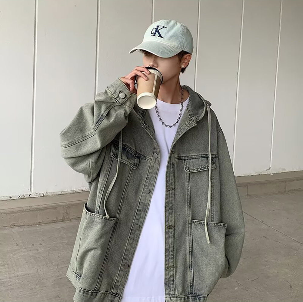 Men Hooded Washed Self Design Casual Denim Jacket