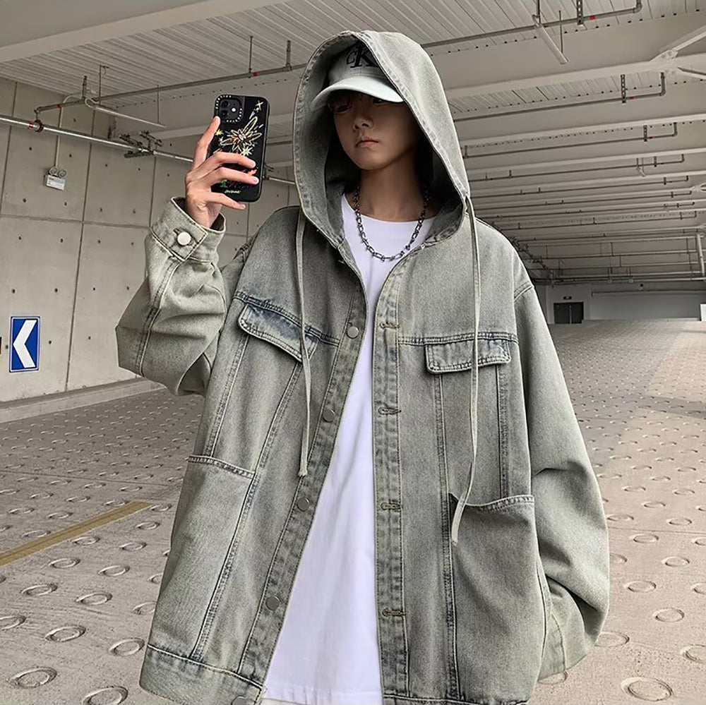 Men Hooded Washed Self Design Casual Denim Jacket