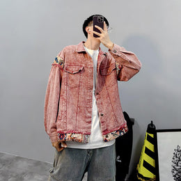 Men Spread Collar Washed Self Design Casual Denim Jacket