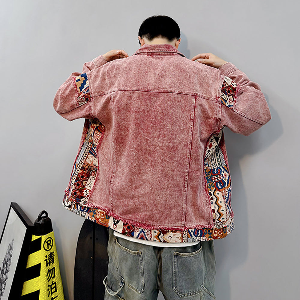 Men Spread Collar Washed Self Design Casual Denim Jacket