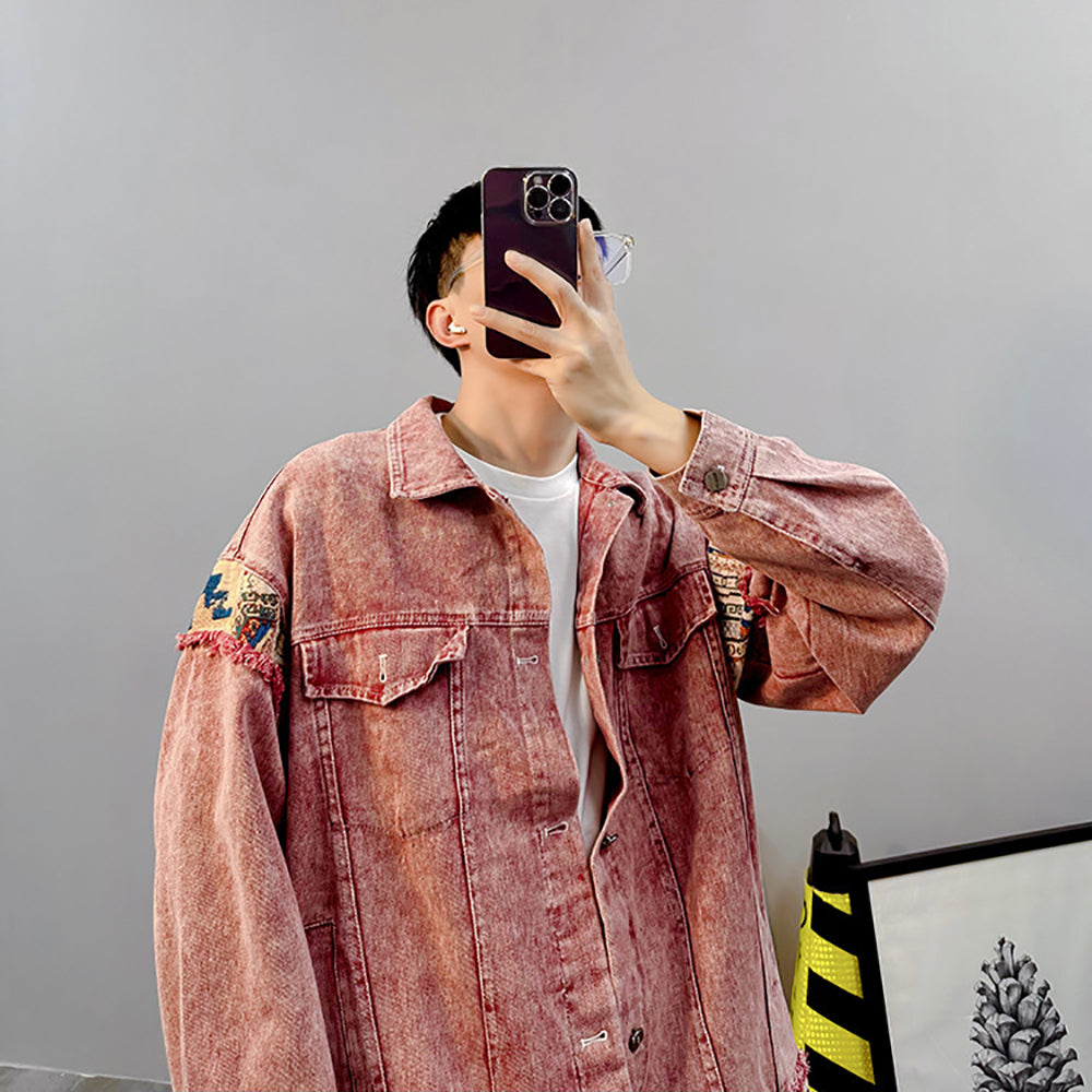 Men Spread Collar Washed Self Design Casual Denim Jacket