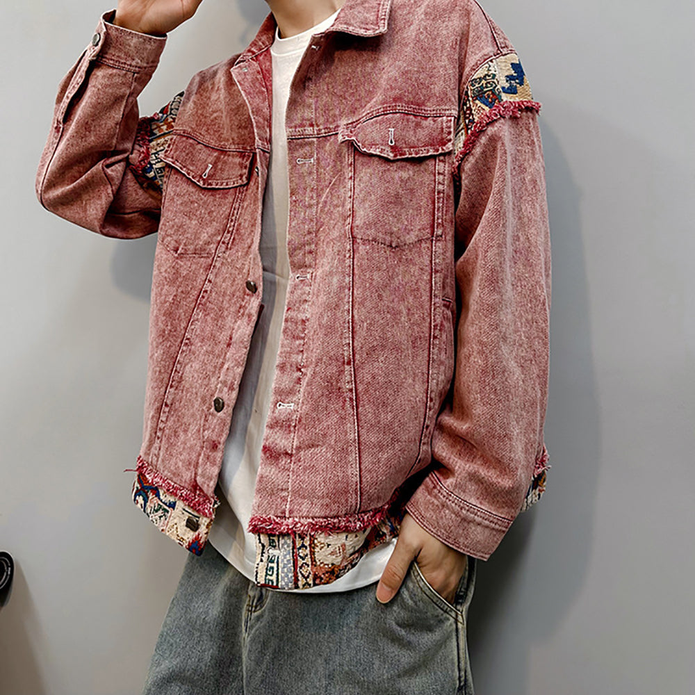 Men Spread Collar Washed Self Design Casual Denim Jacket