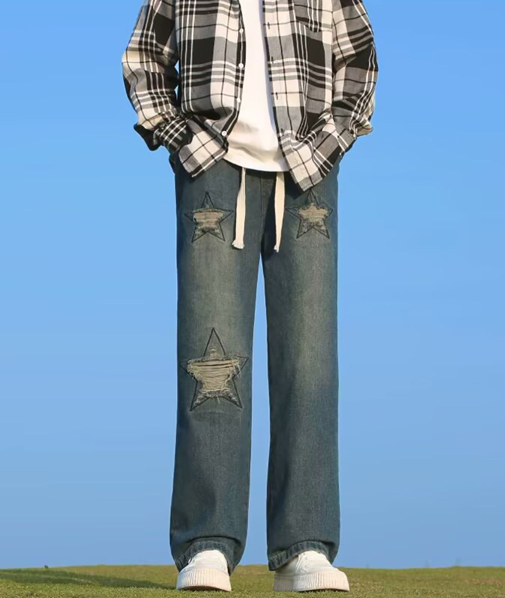 Men Wide Leg Mildly Distressed Jeans