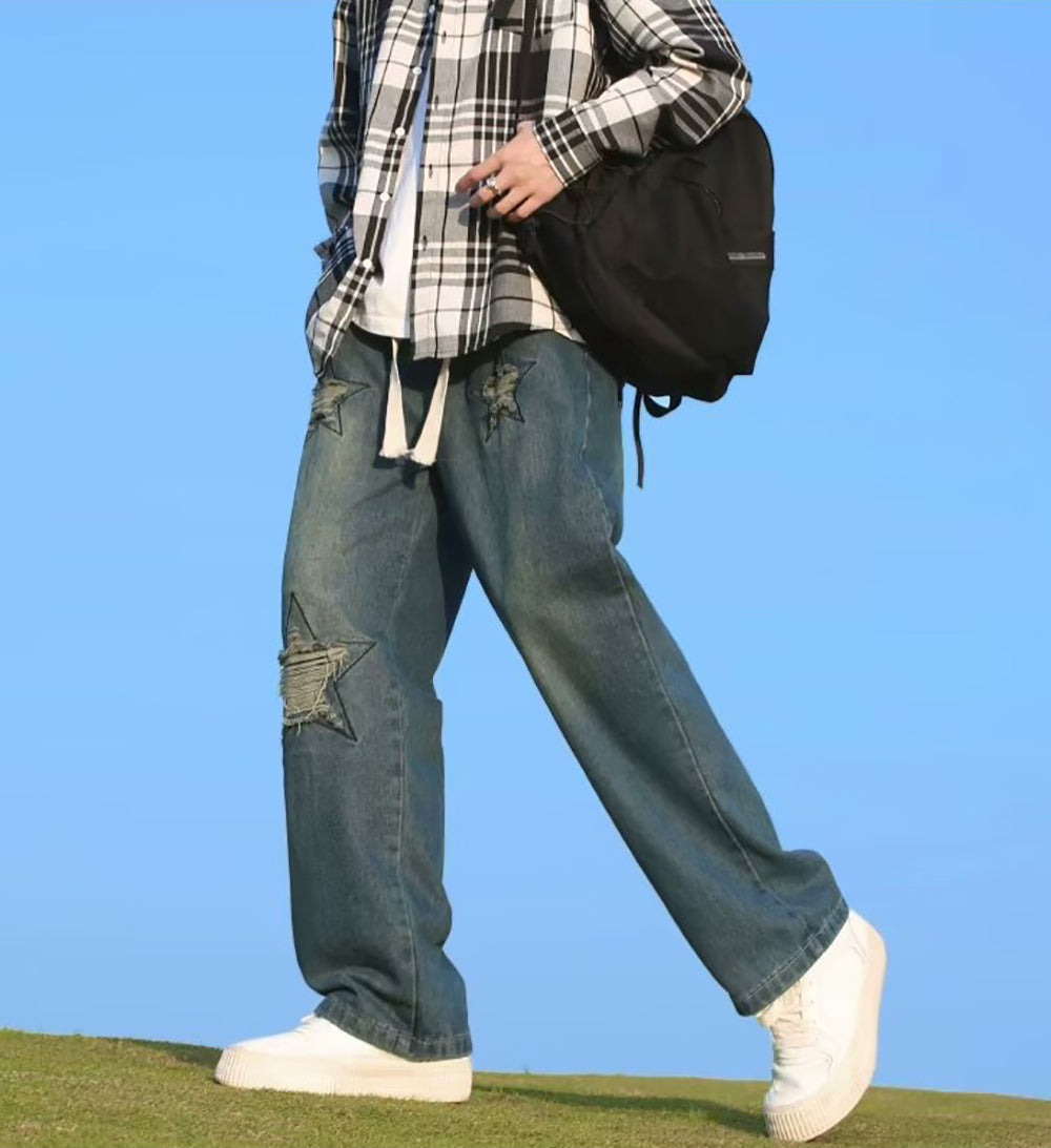 Men Wide Leg Mildly Distressed Jeans