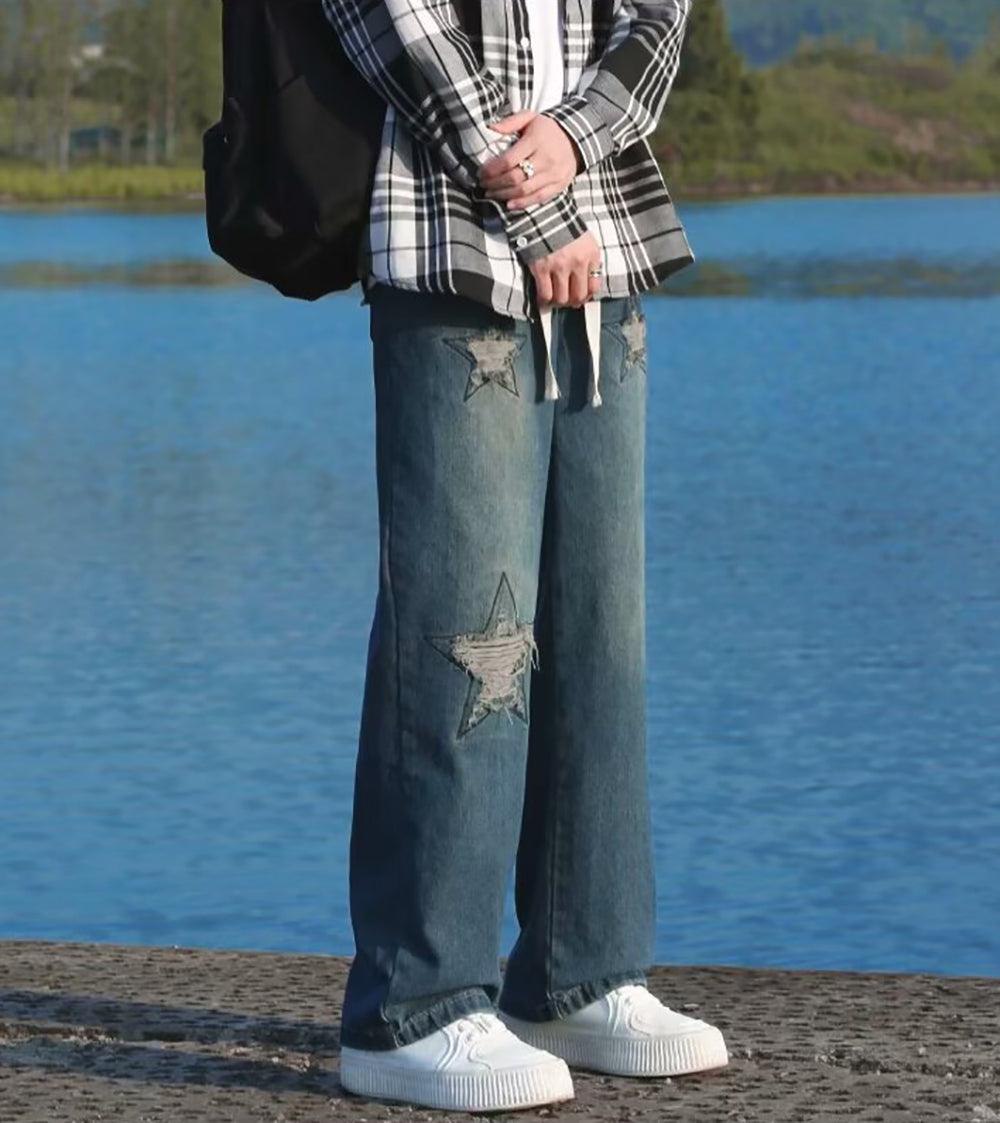 Men Wide Leg Mildly Distressed Jeans