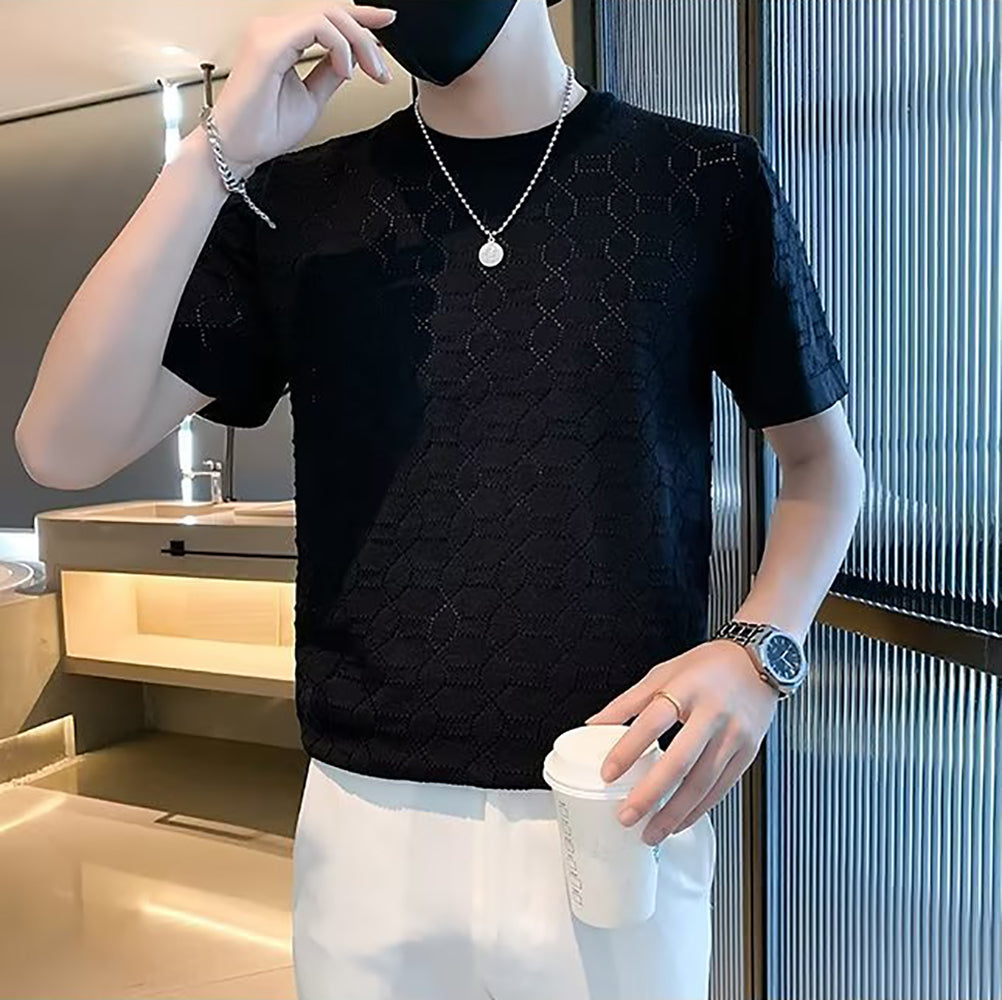 Men Self Design Round Neck T-shirt