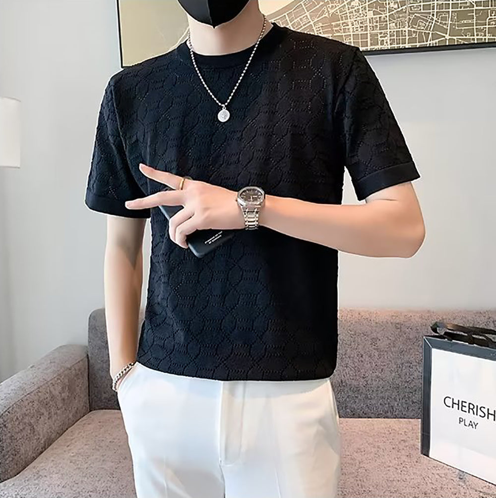 Men Self Design Round Neck T-shirt