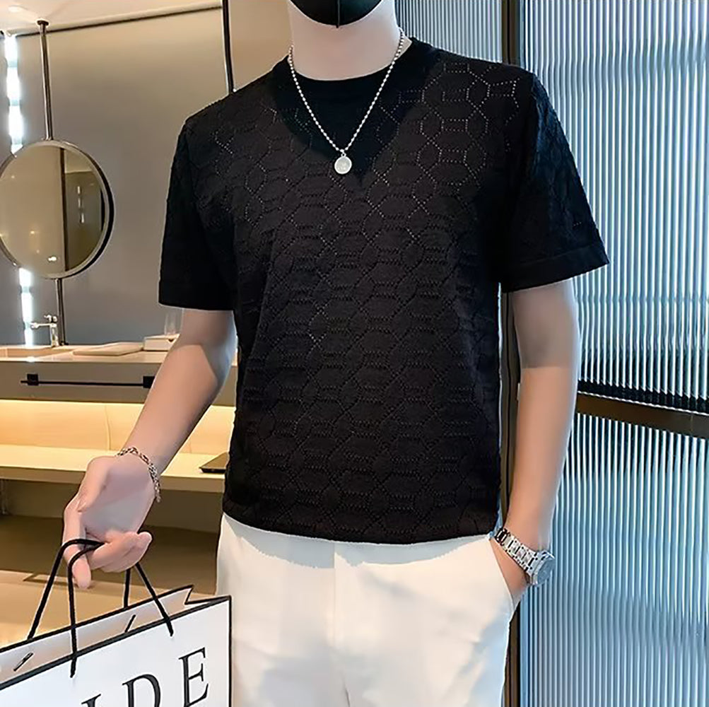 Men Self Design Round Neck T-shirt