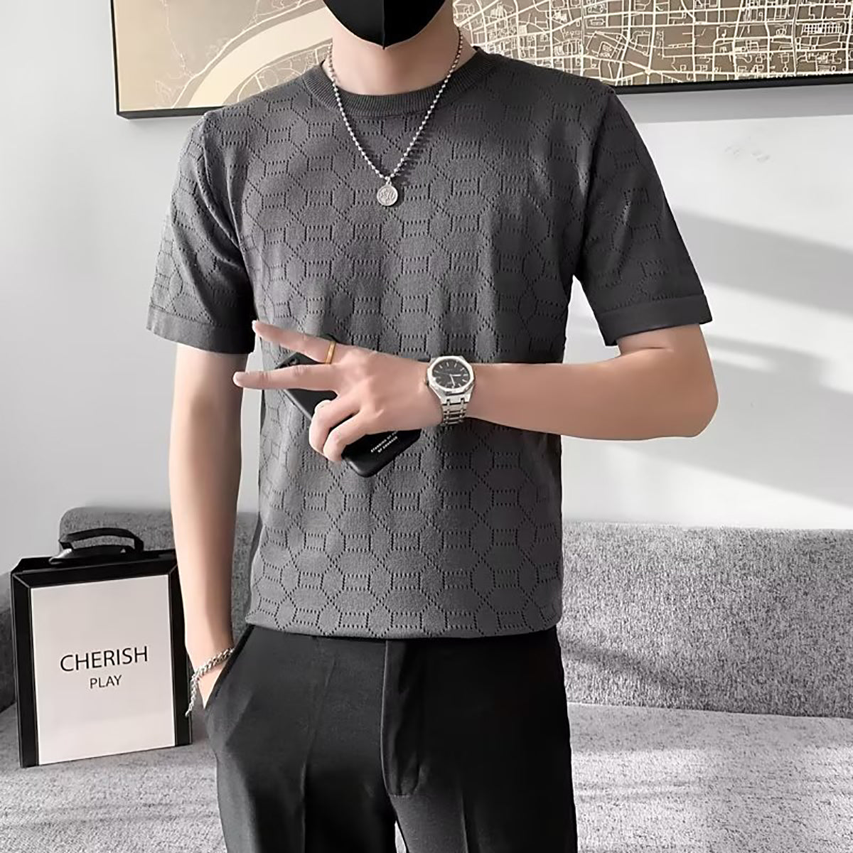 Men Self Design Round Neck T-shirt