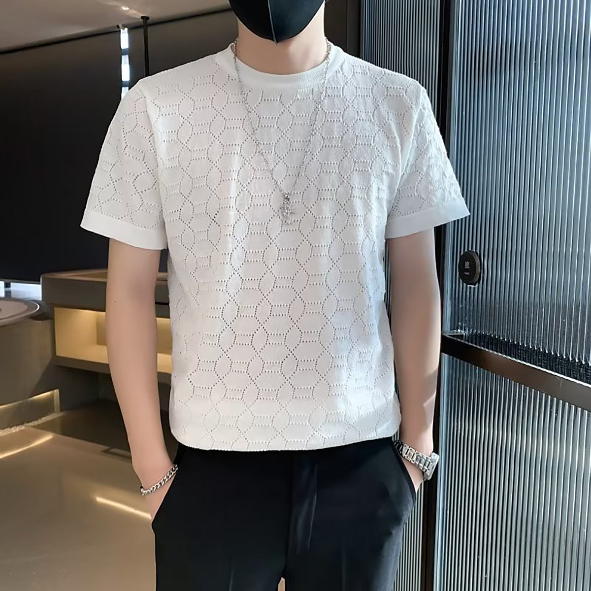 Men Self Design Round Neck T-shirt