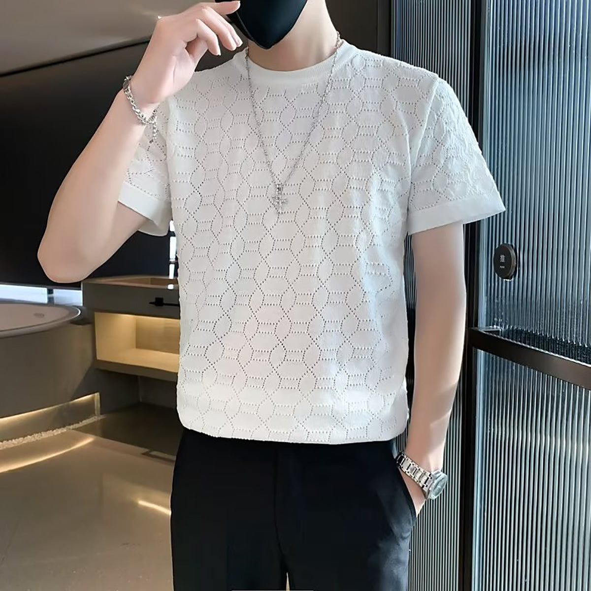 Men Self Design Round Neck T-shirt