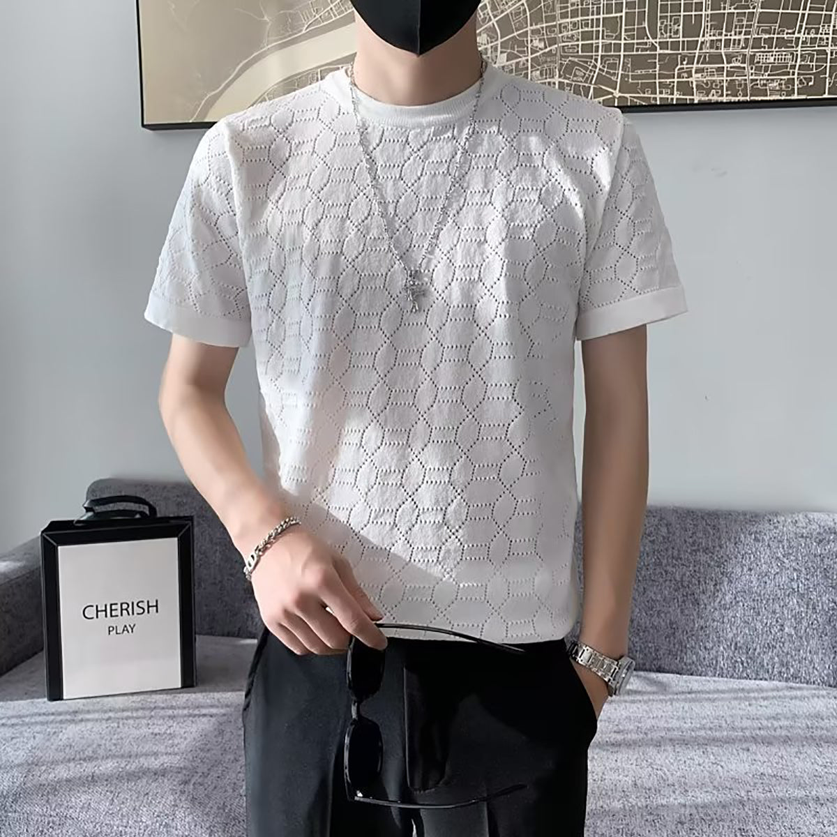 Men Self Design Round Neck T-shirt