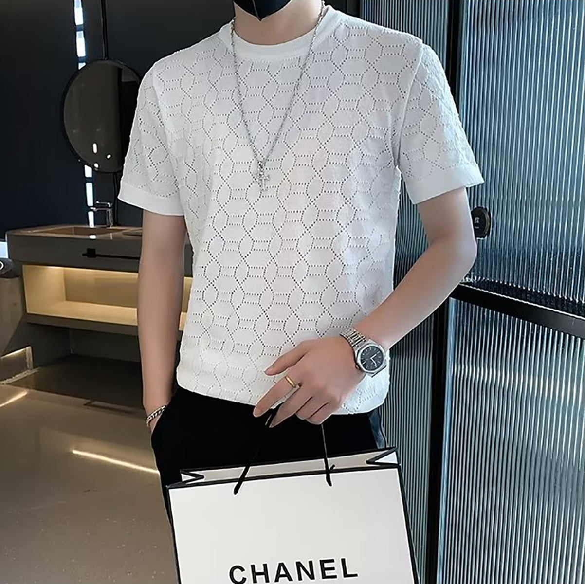 Men Self Design Round Neck T-shirt